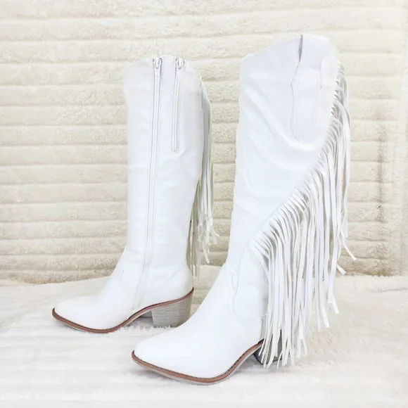 Wild One White Fringe Cowboy Cowgirl Boots Plus Plus size Friendly - Picture 5 of 13